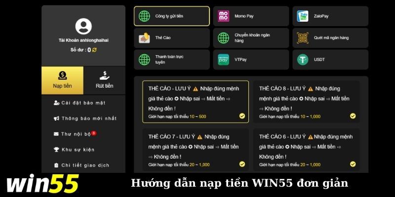 Hướng dẫn quy trình nạp tiền WIN55 chuẩn xác